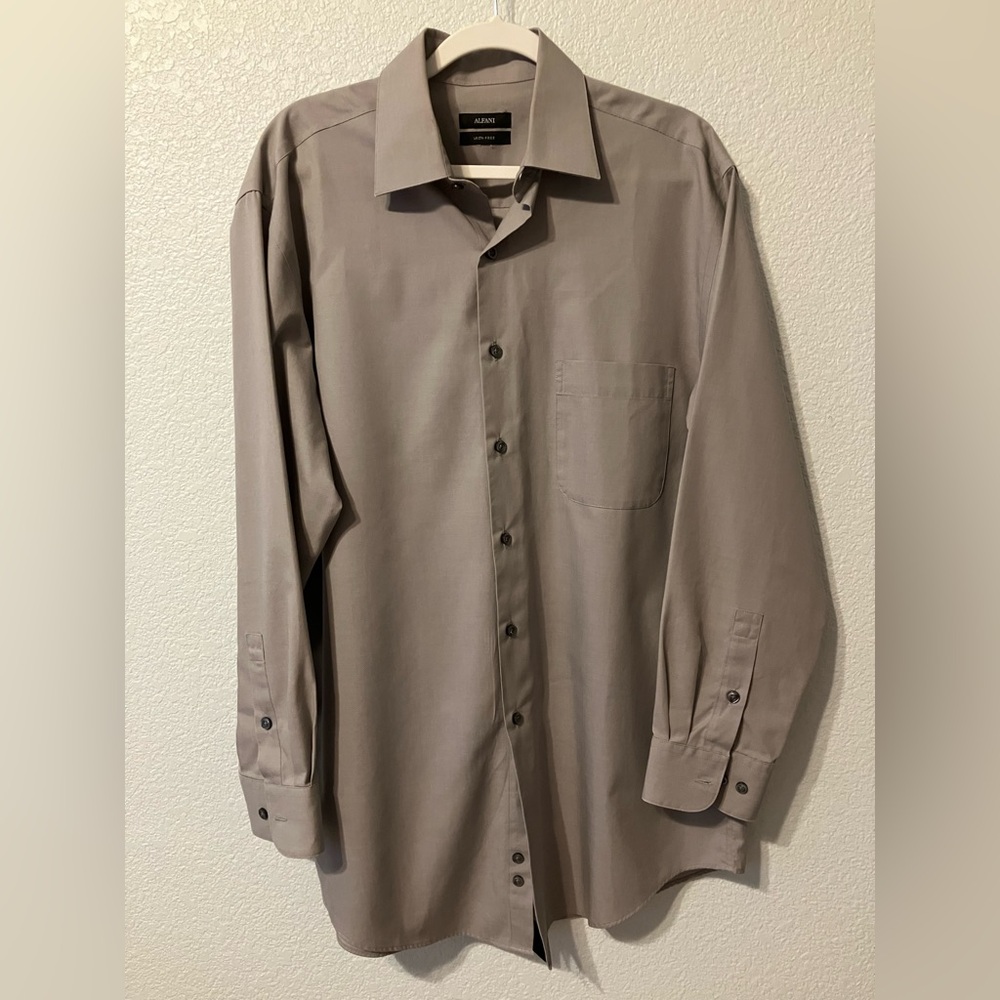 Alfani Men's Classic Taupe Dark Beige Dress Shirt, Size Medium Neck 15.5”